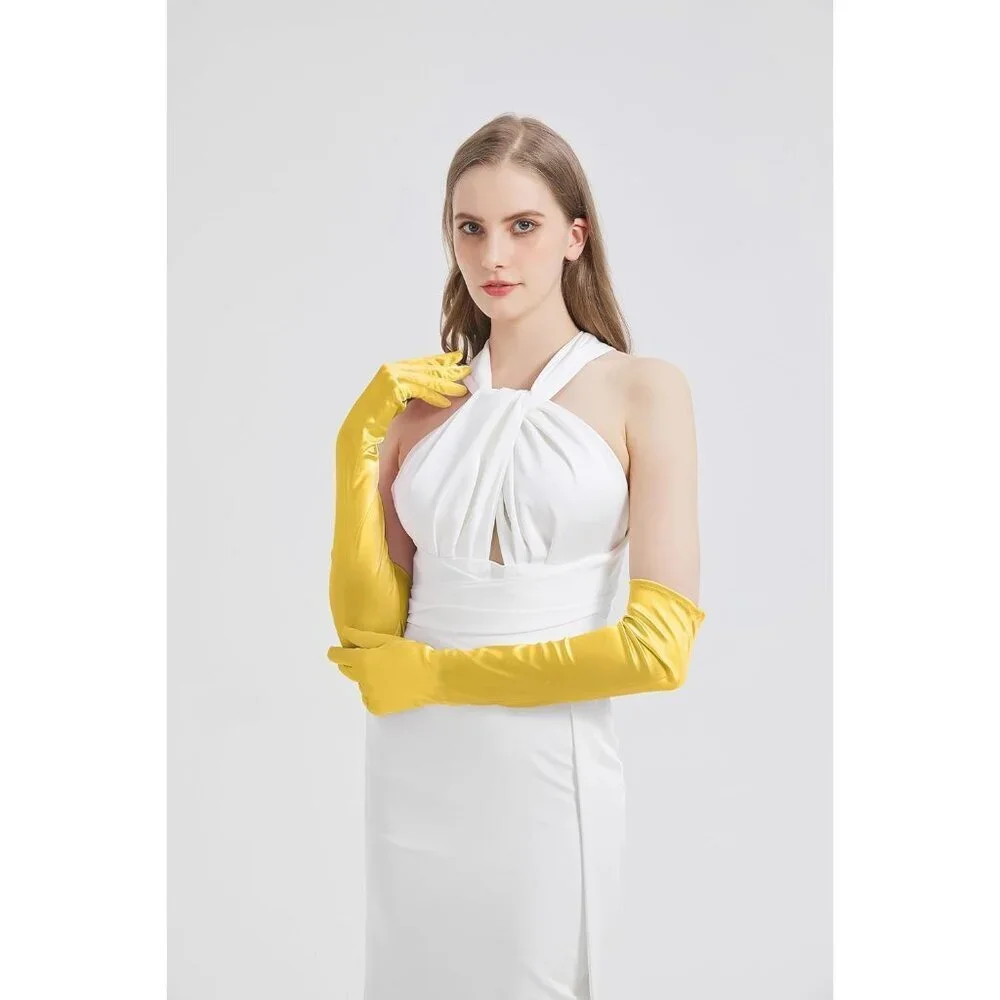 Women's Golden Yellow Imported Satin Elbow Length Halloween Cosplay Opera Gloves